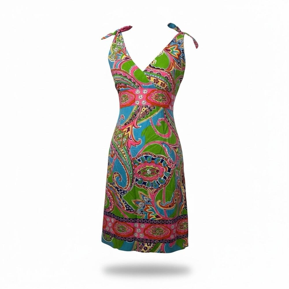 VTG Lilly Pulitzer Silk Fit & Flare Dress Jewel Of The Pool Shoulder Ties Preppy